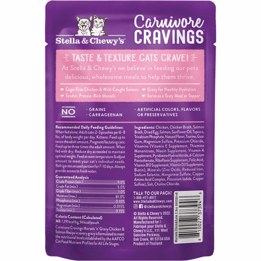 4 FOR $13.60: Stella & Chewy's Carnivore Cravings Morsels 'N' Gravy Chicken & Salmon Grain-Free Pouch Cat Food 2.8oz