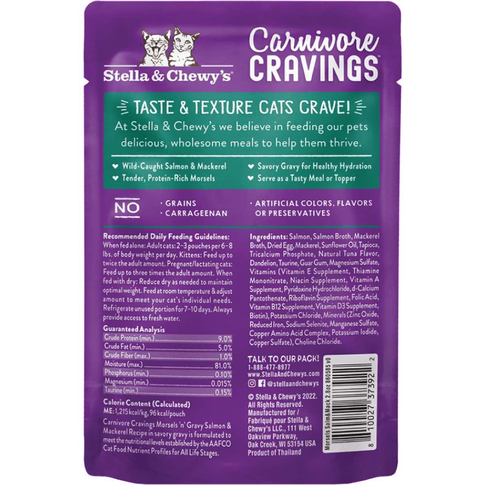 4 FOR $13.60: Stella & Chewy's Carnivore Cravings Morsels 'N' Gravy Salmon & Mackerel Grain-Free Pouch Cat Food 2.8oz